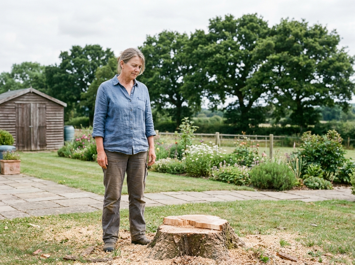 Propriétaire contemplant une souche d'arbre fraîchement abattu dans un jardin paysager sain après une opération d'élagage préventif