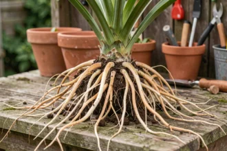 Racine de yucca exposée après dépotage, posée sur un établi de jardinage en bois avec des racines fibreuses bien visibles