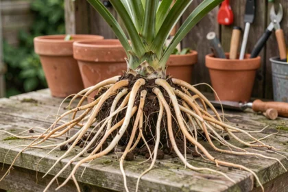Racine de yucca exposée après dépotage, posée sur un établi de jardinage en bois avec des racines fibreuses bien visibles