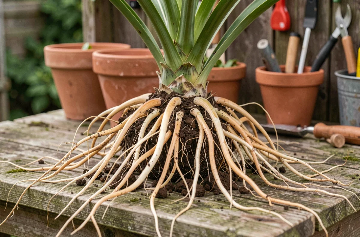 Racine de yucca exposée après dépotage, posée sur un établi de jardinage en bois avec des racines fibreuses bien visibles