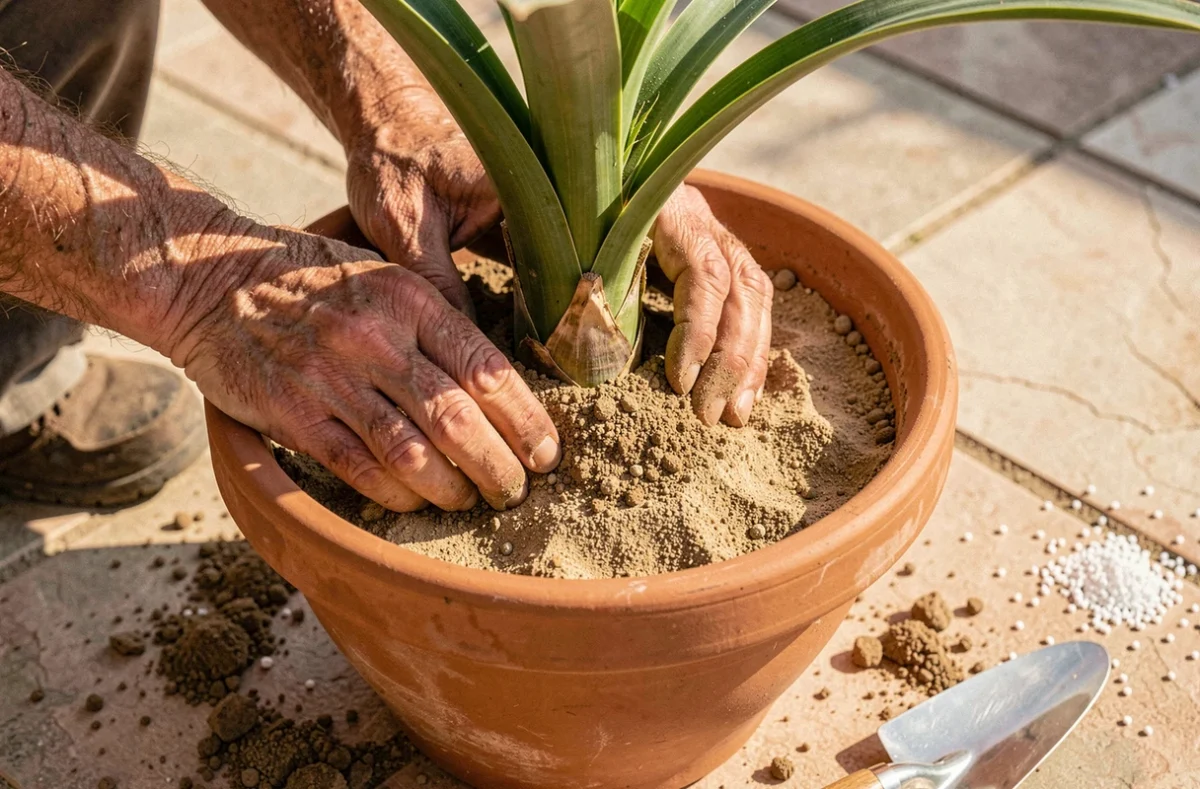 Mains de jardinier en train de rempoter un yucca dans un pot en terre cuite avec du terreau adapté aux plantes succulentes