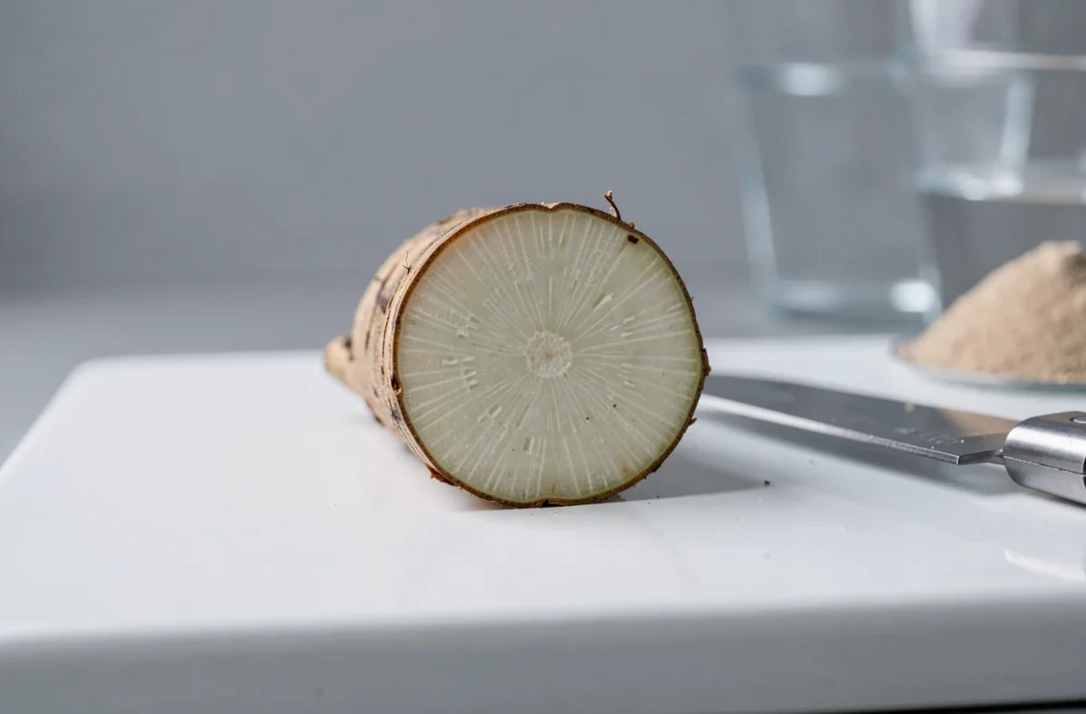 Section transversale d'une racine de yucca coupée sur un carrelage blanc avec un couteau de taille et de la poudre d'hormones d'enracinement