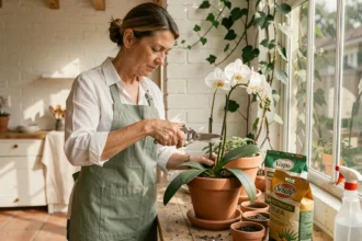 Femme taillant une tige d'orchidée fanée avec des ciseaux de jardinage sur un établi en bois dans une véranda lumineuse