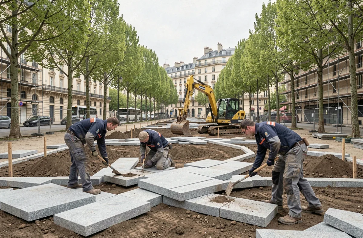 Terideal Mabillon, équipe de paysagistes posant des pavés en granit dans un espace vert parisien en cours de réaménagement