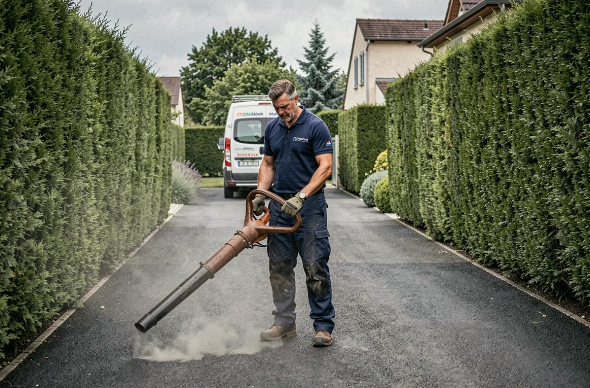 Technicien de TSC Plus Global Services soufflant les feuilles sur une grande allée privée bordée de haies taillées dans une propriété lyonnaise