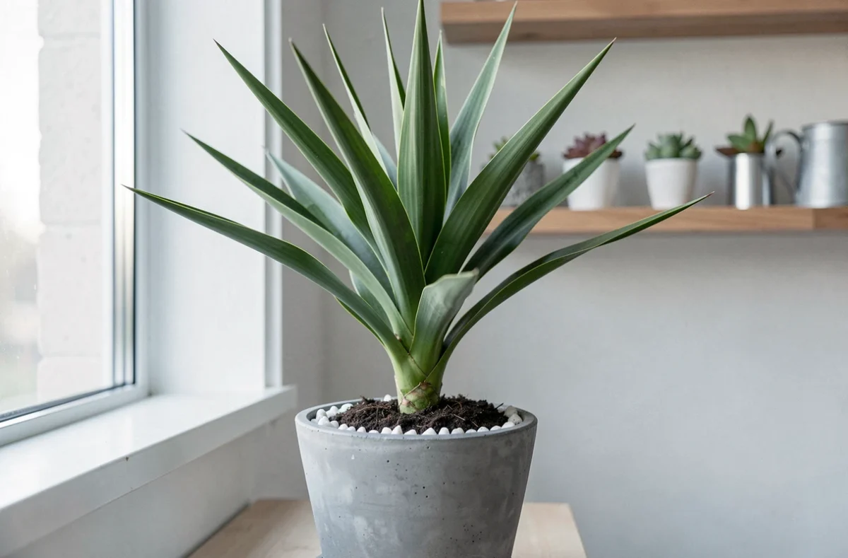 Yucca rempoté dans un pot en béton gris sur un rebord de fenêtre intérieur avec gravier décoratif et feuilles en éventail
