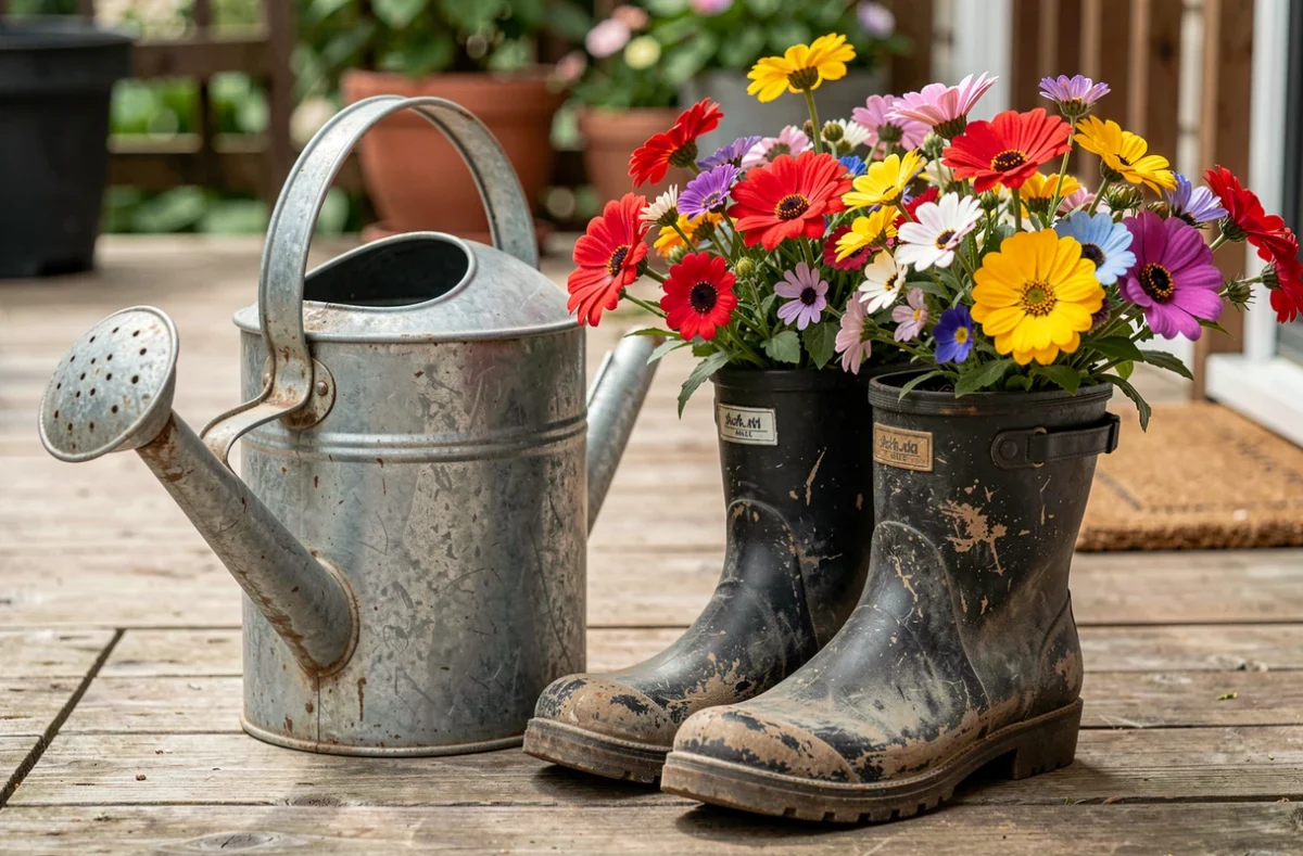 Arrosoir et bottes transformés en jardinières fleuries sur une terrasse
