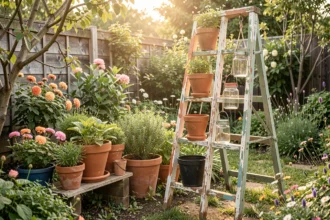 Coin de jardin décoré avec une échelle de bois, des pots et des bocaux lumineux
