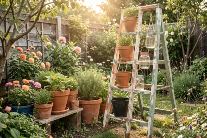 Coin de jardin décoré avec une échelle de bois, des pots et des bocaux lumineux