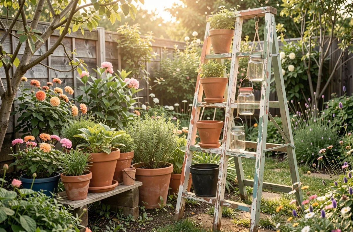 Coin de jardin décoré avec une échelle de bois, des pots et des bocaux lumineux