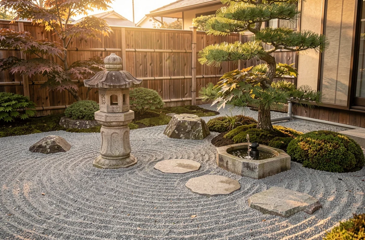 Coin zen avec gravier ratissé, pas japonais et petite fontaine