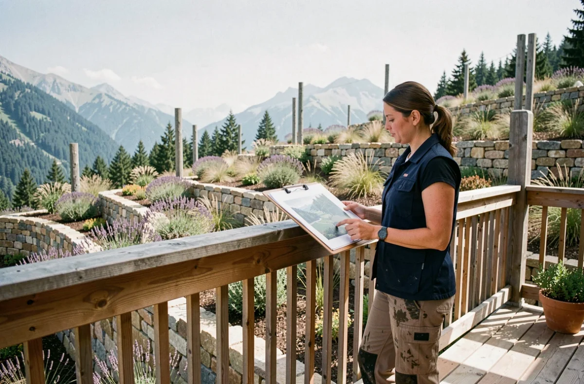 Paysagiste féminine en Savoie consultant des plans de jardin sur une terrasse avec murs en pierre sèche