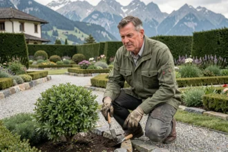 Paysagiste professionnel en Savoie travaillant dans un jardin soigné avec vue sur les Alpes
