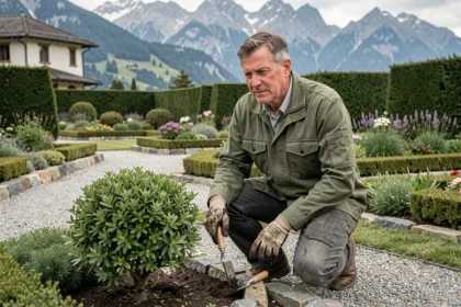 Paysagiste professionnel en Savoie travaillant dans un jardin soigné avec vue sur les Alpes