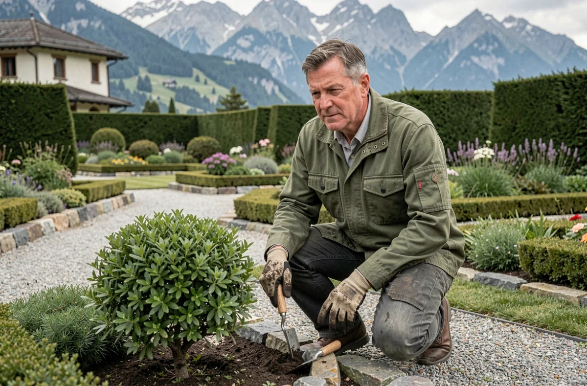 Paysagiste professionnel en Savoie travaillant dans un jardin soigné avec vue sur les Alpes